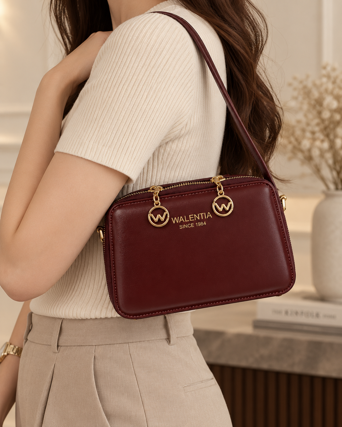 Walentia Bordo Gold Detaylı El ve Omuz Çantası