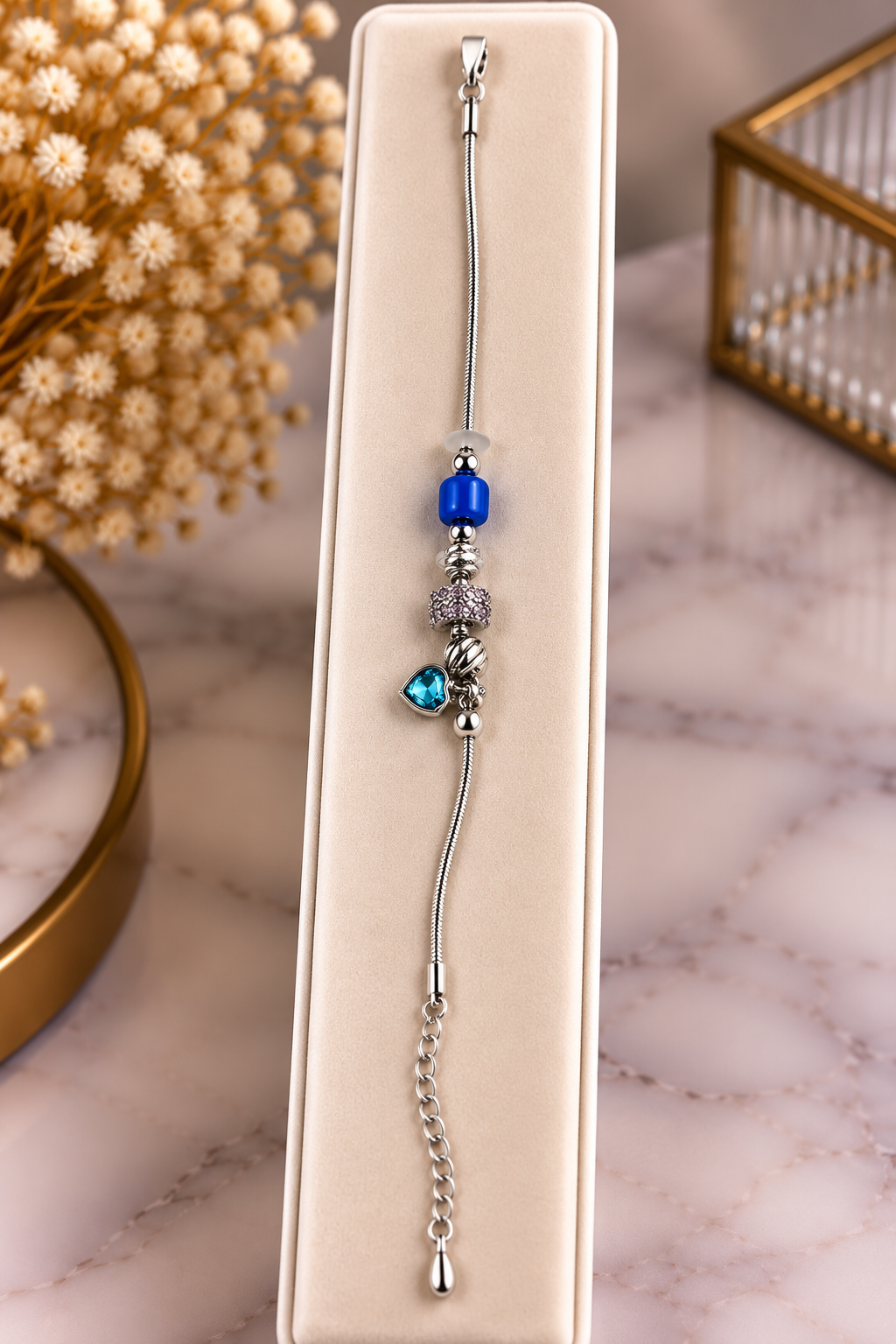 Mavi–Pembe Charm Detaylı Silver Bileklik