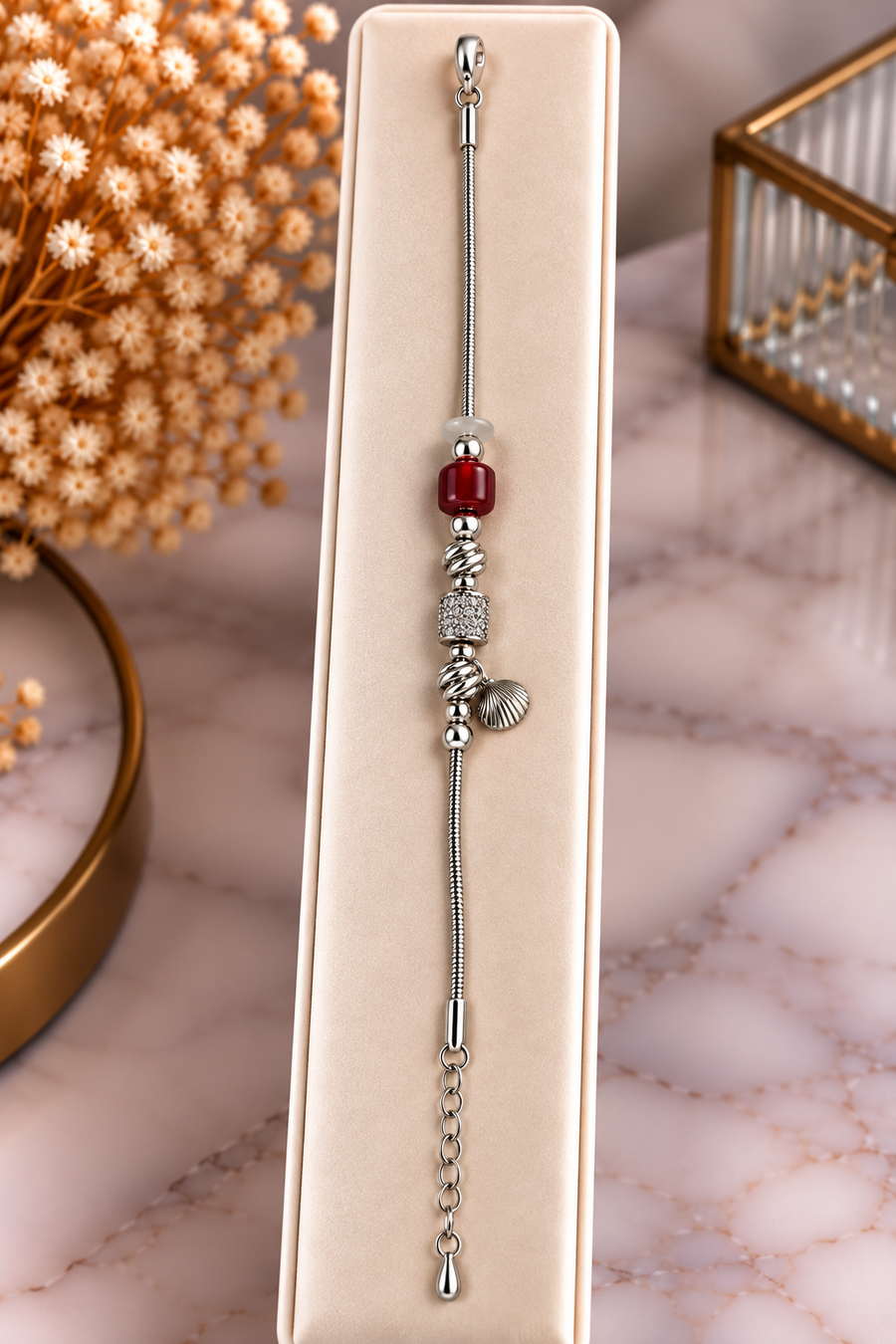 Bordo Boncuk & Deniz Kabuğu Charm Silver Bileklik