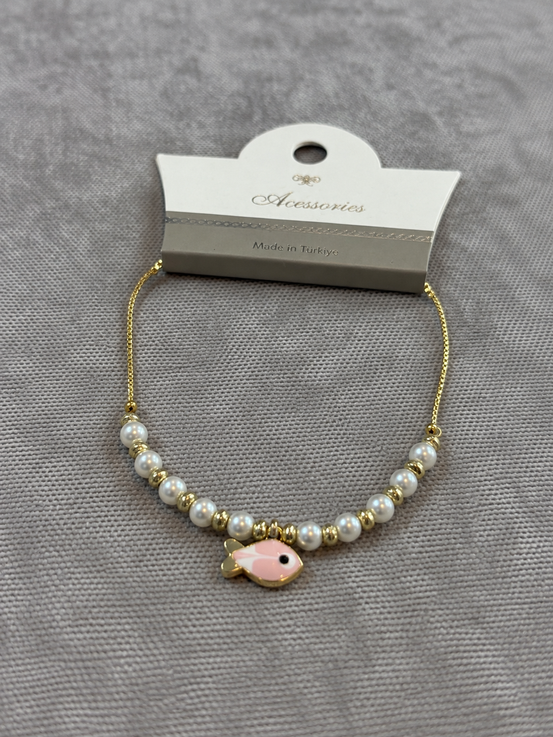 Pembe Balık Charm İnci Gold Bileklik
