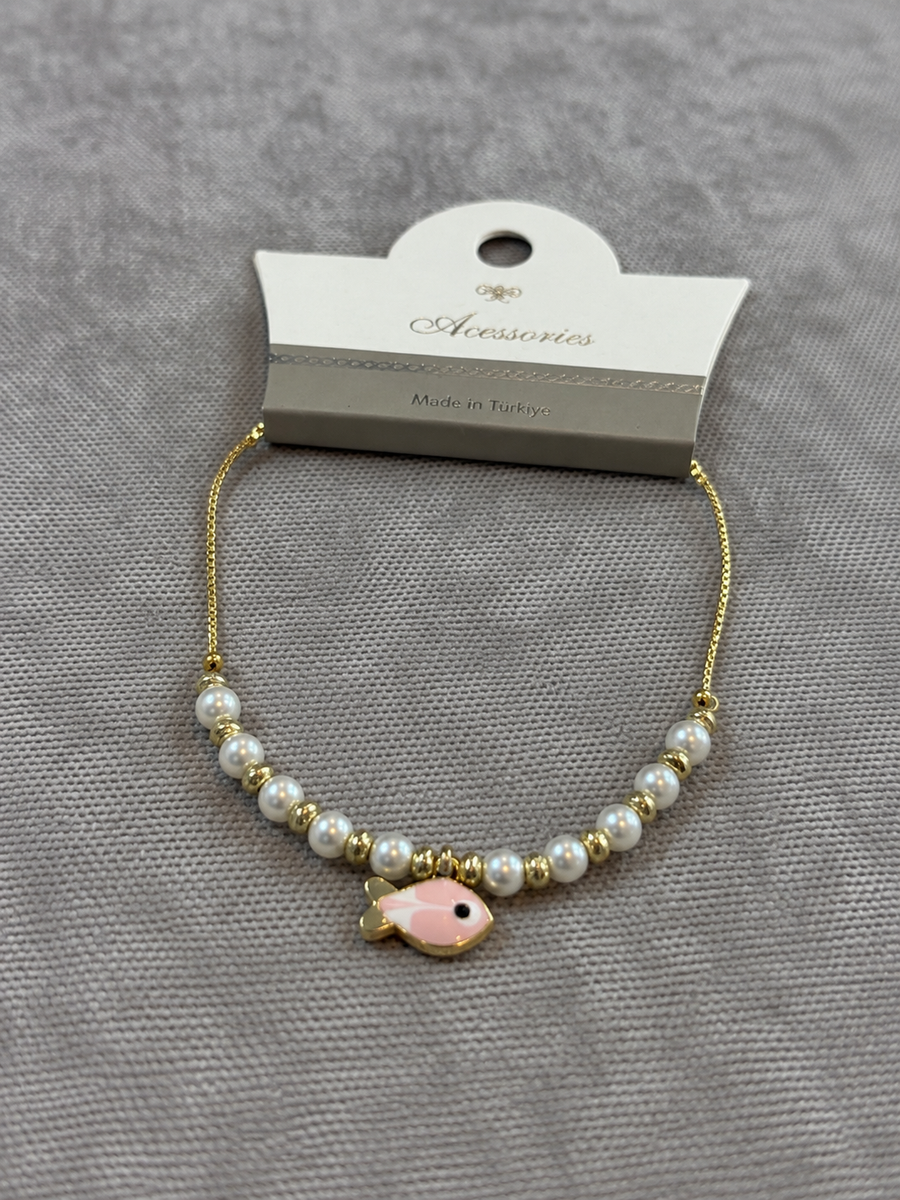 Pembe Balık Charm İnci Gold Bileklik
