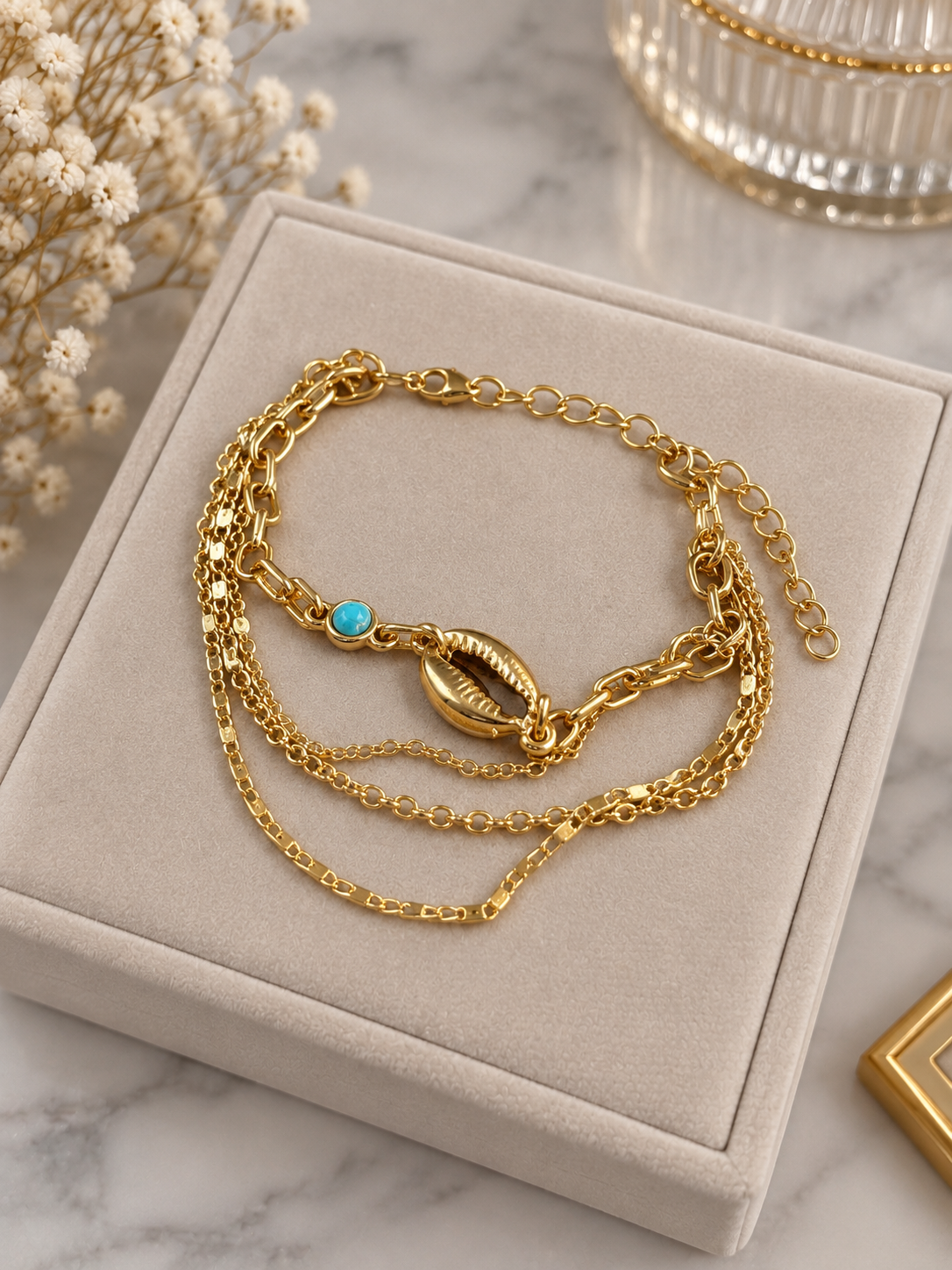 Turkuaz Taşlı Deniz Kabuğu Çoklu Gold Bileklik