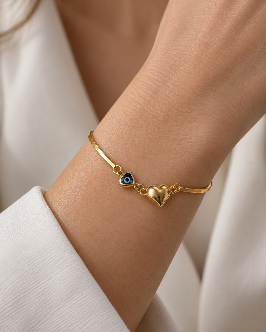 Kalp & Nazar Detaylı Gold Bileklik