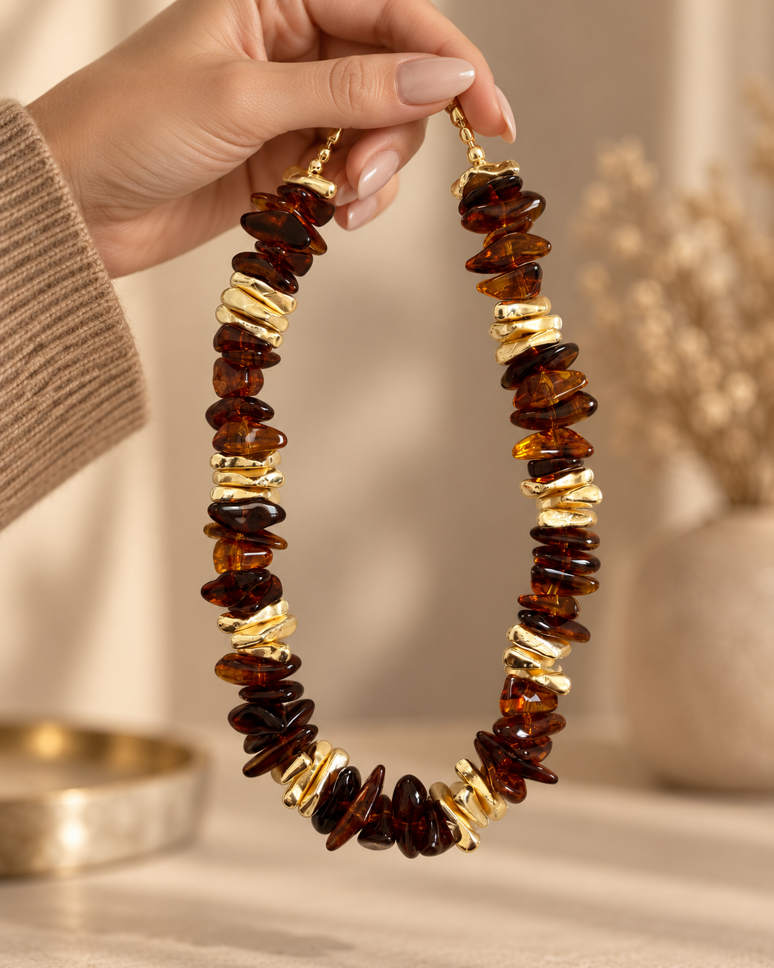 Amber Işıltı Kehribar Tonlu Gold Detay Kolye