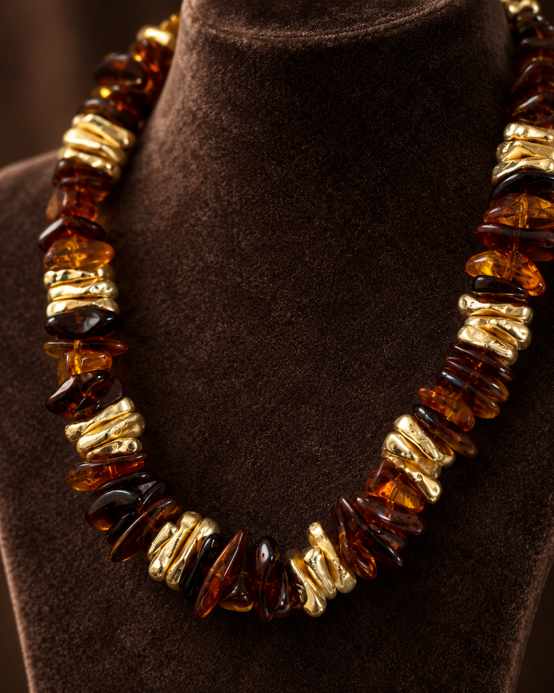 Amber Işıltı Kehribar Tonlu Gold Detay Kolye