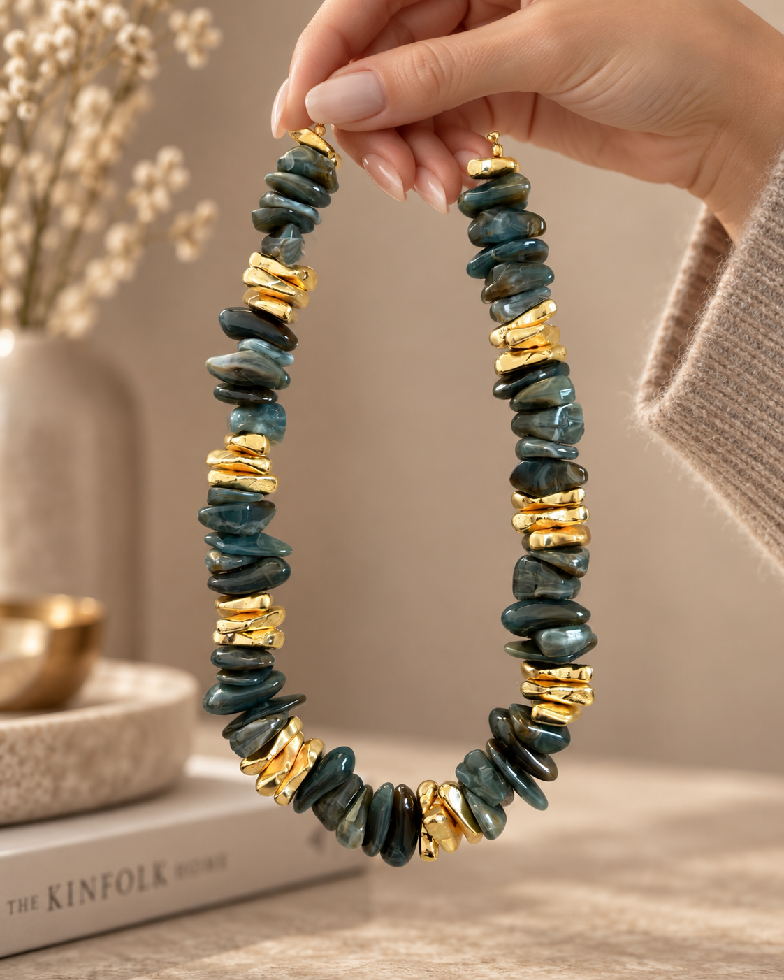 Petra Petrol Mermer Desenli Gold Detay Kolye