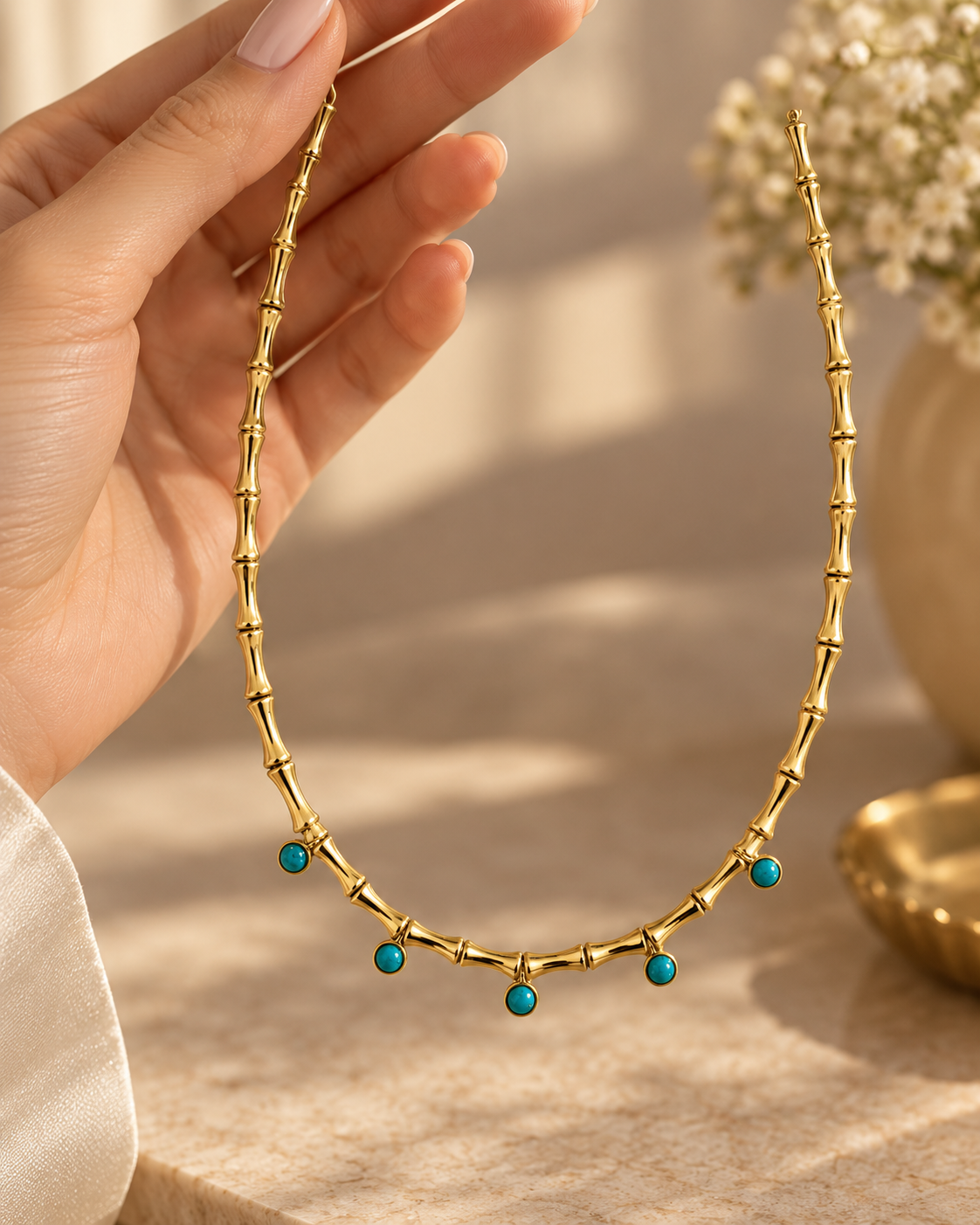 Mavi Ada Turkuaz Detaylı Gold Bambu Kolye