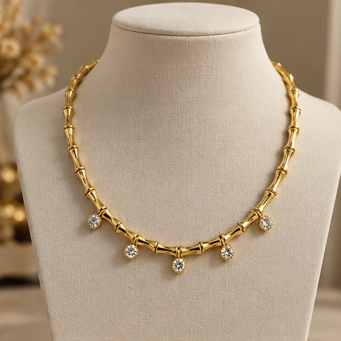 Lumi Kristal Görünümlü Gold Bambu Kolye