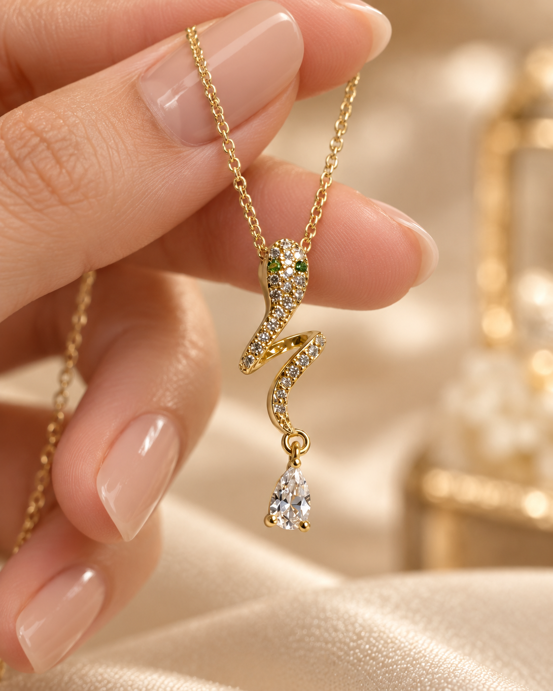 Gold Taşlı Yılan Figürlü Damla Kolye