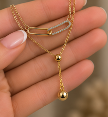Gold Çift Katmanlı Paperclip ve Küre Detaylı Kolye