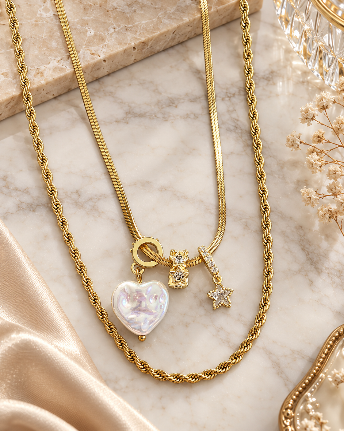 Pearl Charm Sedef Kalp Detaylı İkili Çelik Kolye