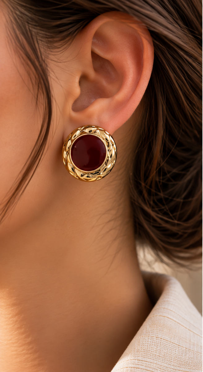 Bordo Merkezli Dokulu Gold Yuvarlak Küpe
