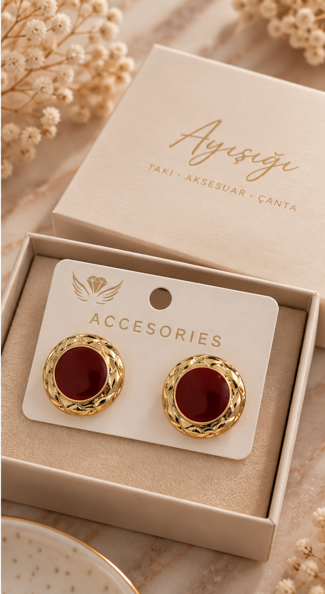 Bordo Merkezli Dokulu Gold Yuvarlak Küpe