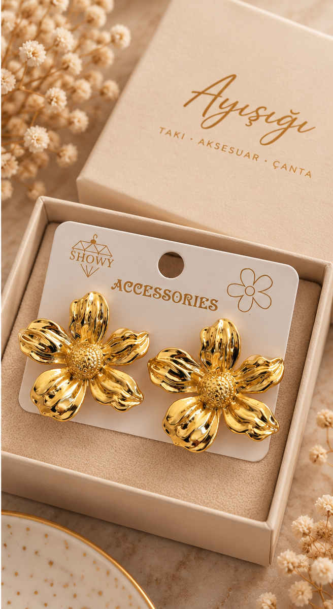 Gold 5 Yapraklı Dokulu Çiçek Küpe