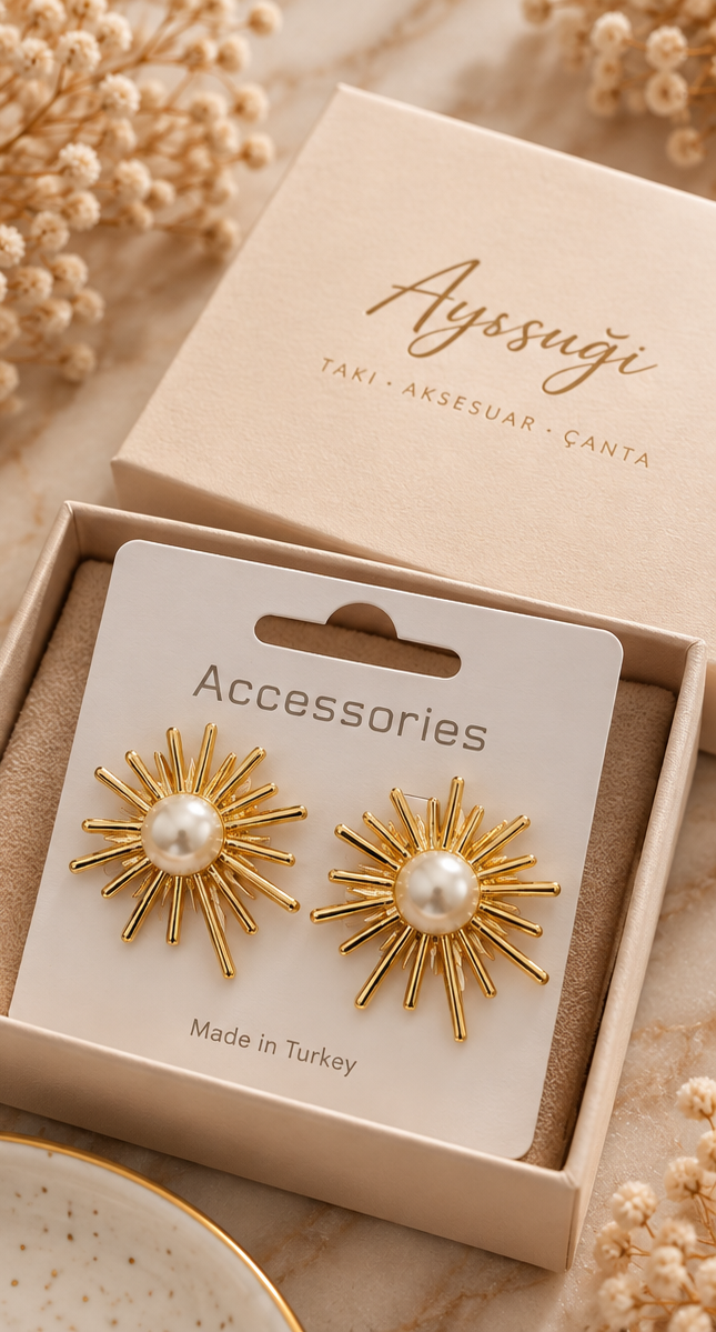 İnci Merkezli Gold Güneş Işını Küpe
