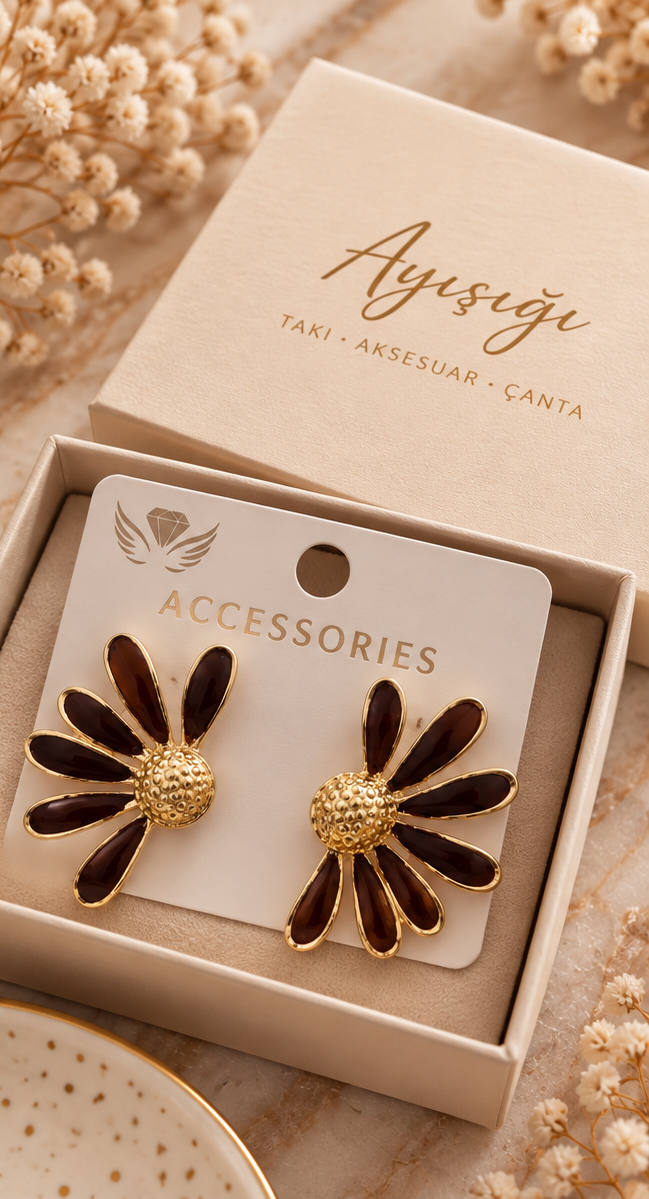 Bordo Petalli Gold Yarım Çiçek Küpe