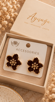 Bordo 5 Yapraklı Gold Çiçek Küpe
