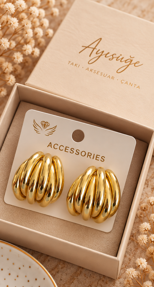 Gold Kaburgalı Bombeli Statement Küpe