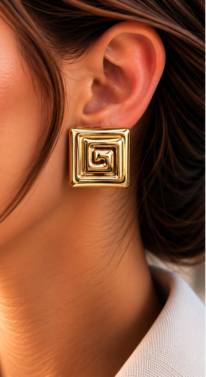 Gold Geometrik Spiral Kare Statement Küpe