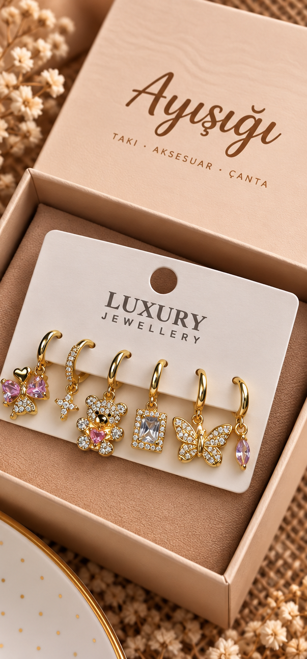 Gold Taşlı 6’lı Charm Mini Halka Küpe Seti