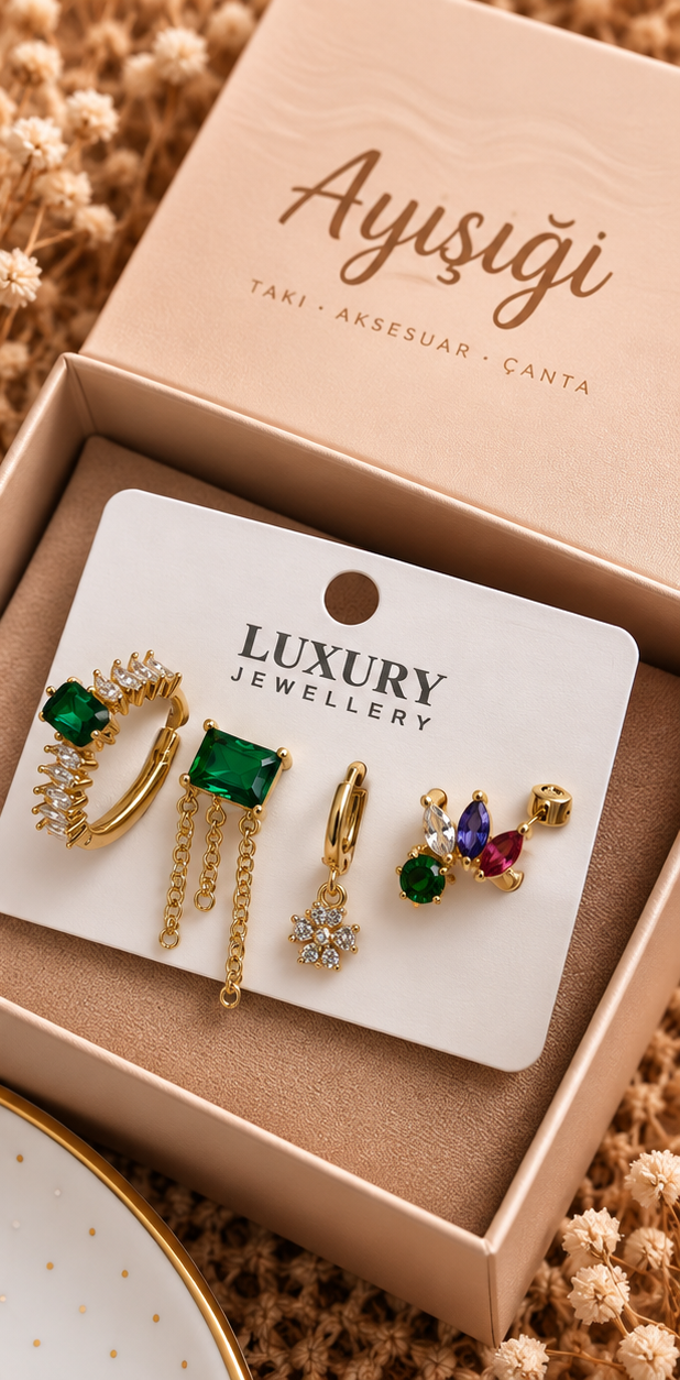 Gold Zümrüt Yeşili Taşlı 6’lı Charm Küpe Seti