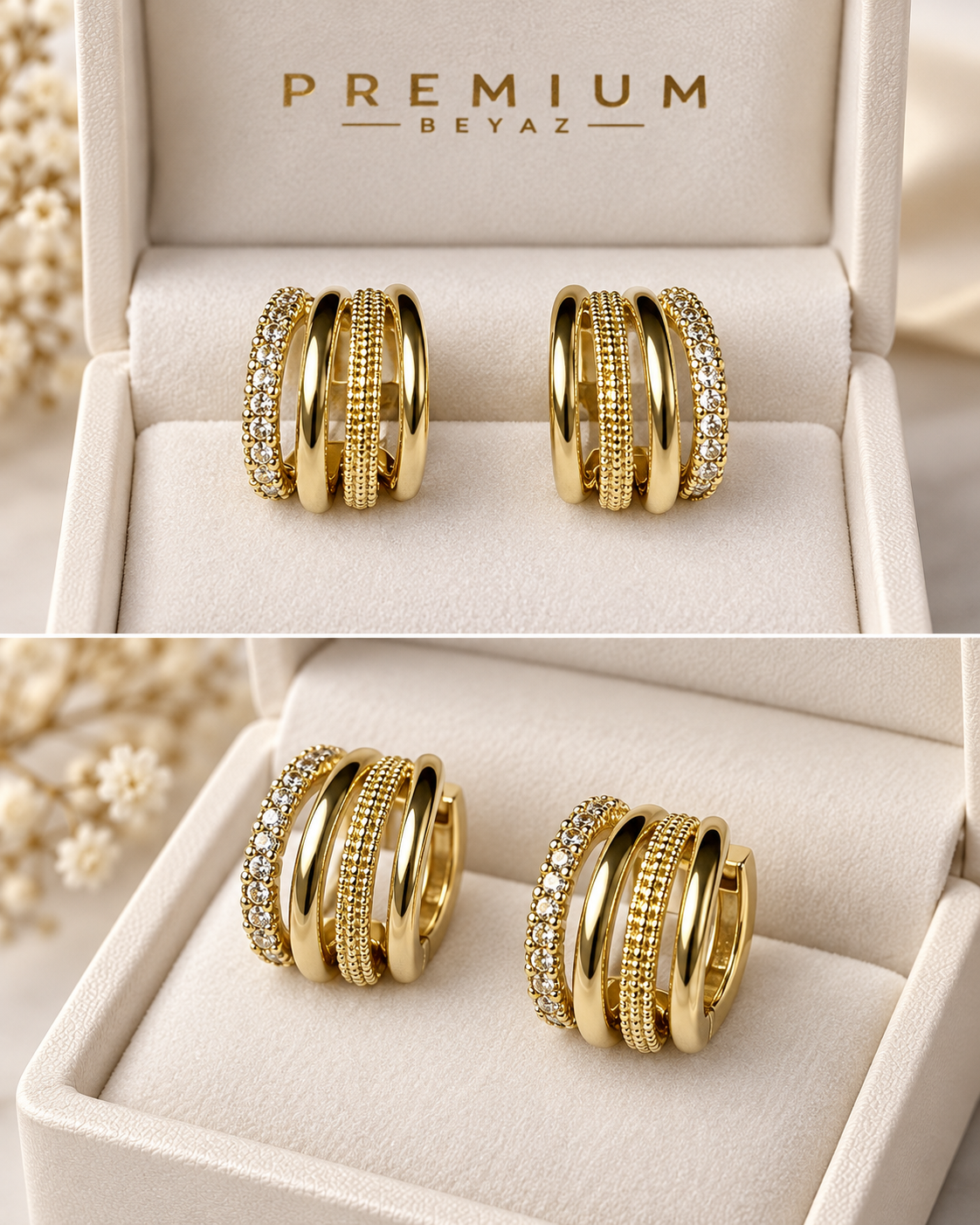 Gold Taşlı ve Tırtıklı 4 Bant Halka Küpe
