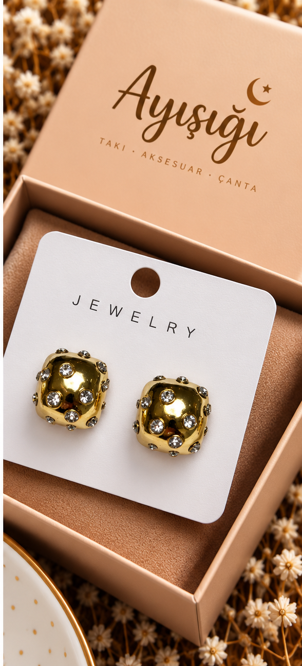 Taş Detaylı Gold Kare Küpe