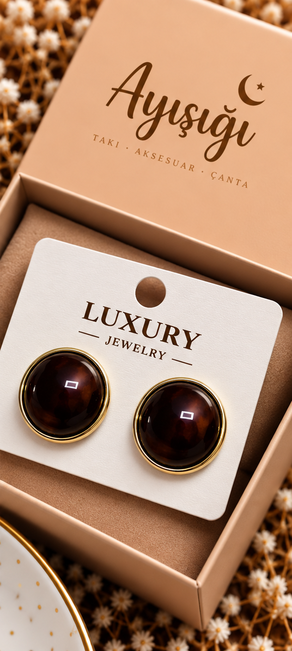 Kahverengi Oval Taşlı Gold Küpe