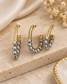Gold & Silver Taşlı Üçlü Kulak Küpe Seti