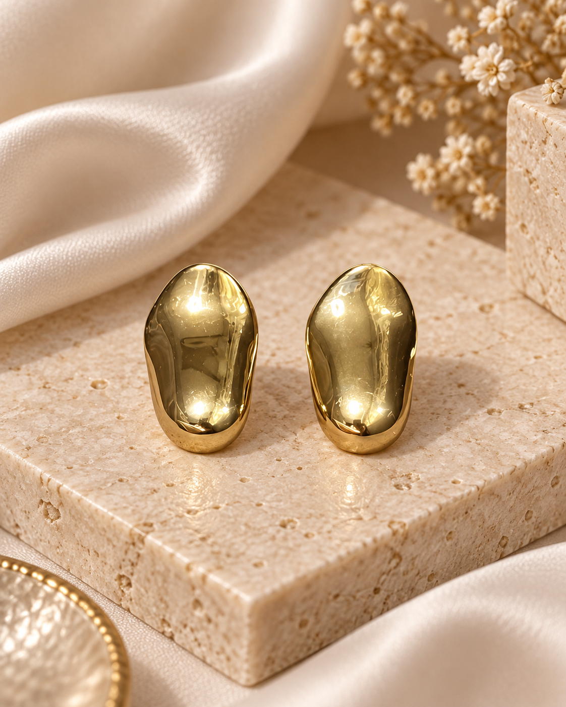 Gold Organik Çakıl Formlu Çelik Küpe