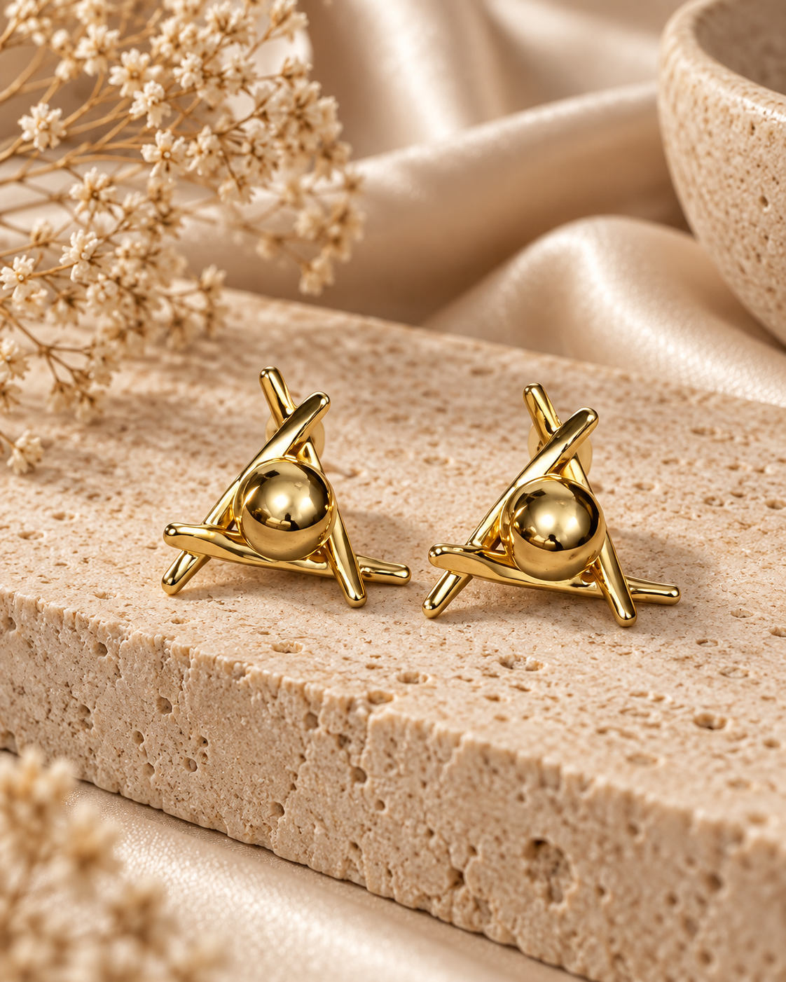 Gold Geometrik Küre Detaylı Çelik Küpe