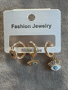 Gold 3’lü Nazar Göz Charm Küpe Seti